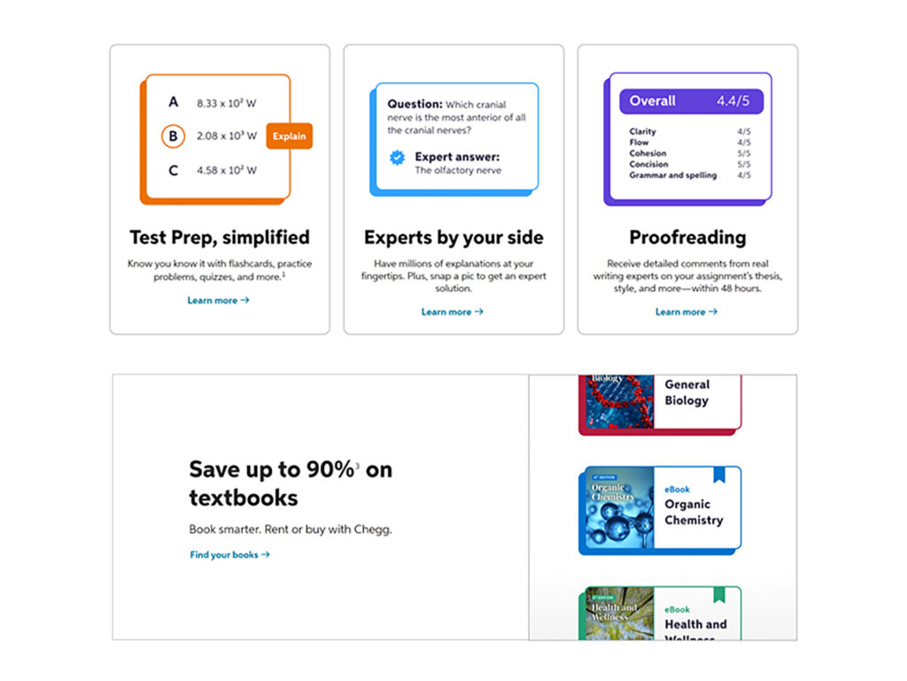 Chegg offers the following services